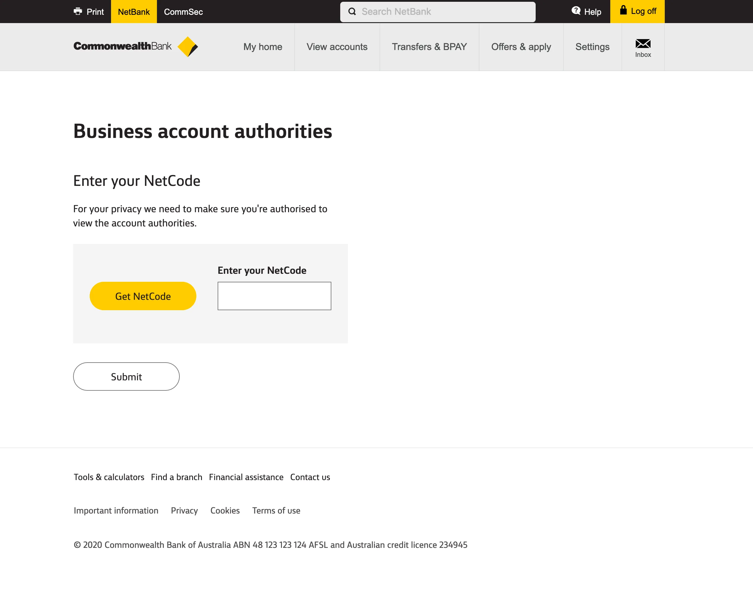 NetBank Authorities screenshot