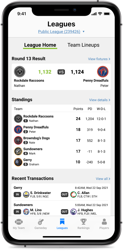 Redesigned mobile leagues