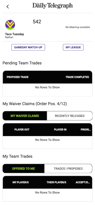 Sidebar mobile screenshot - pending team trades